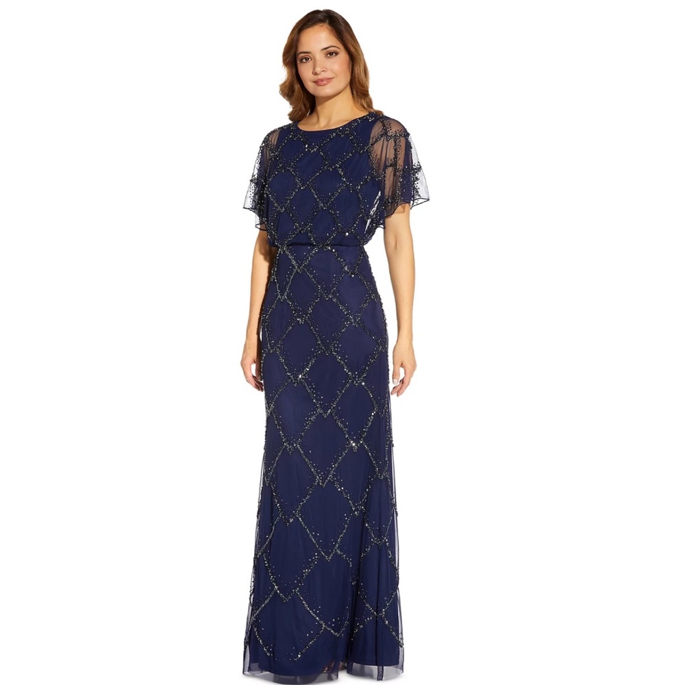 Adrianna Papell Navi Blue Beaded Dress Size 14
